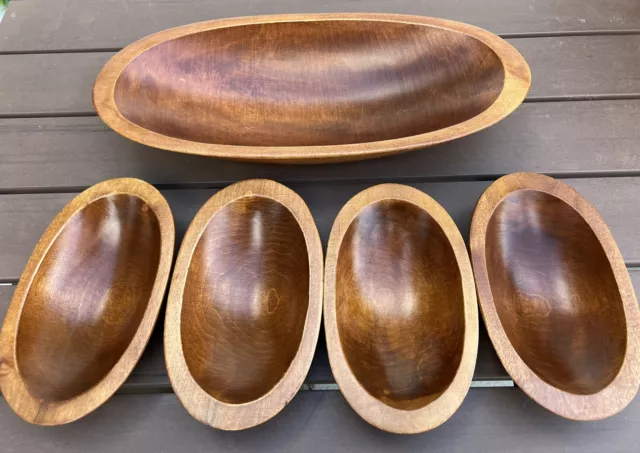 Vintage MCM  Wooden oblong shape Bowl Set Salad 15" &7.5" Set Of 5