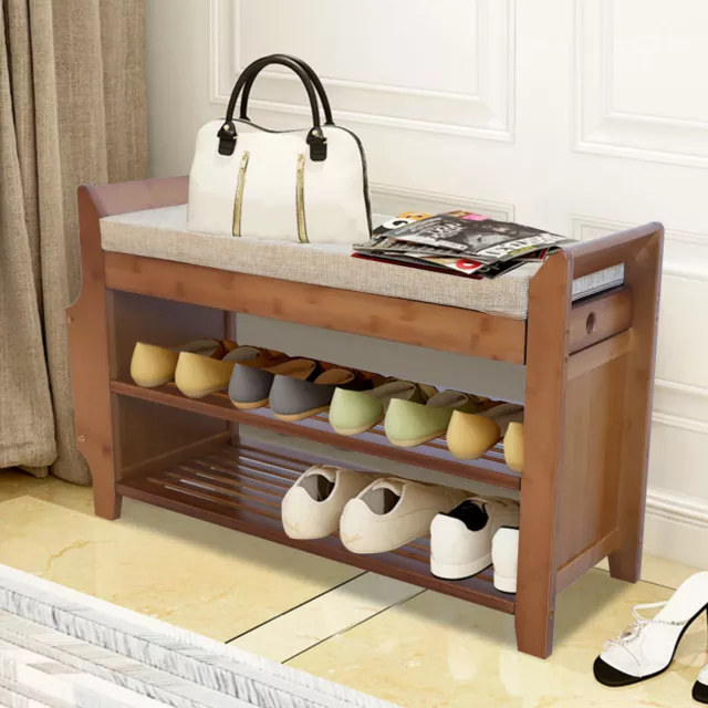 2 Tier Shoe Bench Shoe Storage Bench Rack Entryway Shoe Stool & Soft Seat