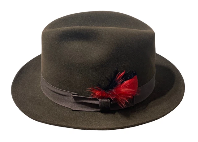 BAILEY Fedora Hat Size 7 1/2 Brown Fur Felt Satin Lining Red Black Feathers READ