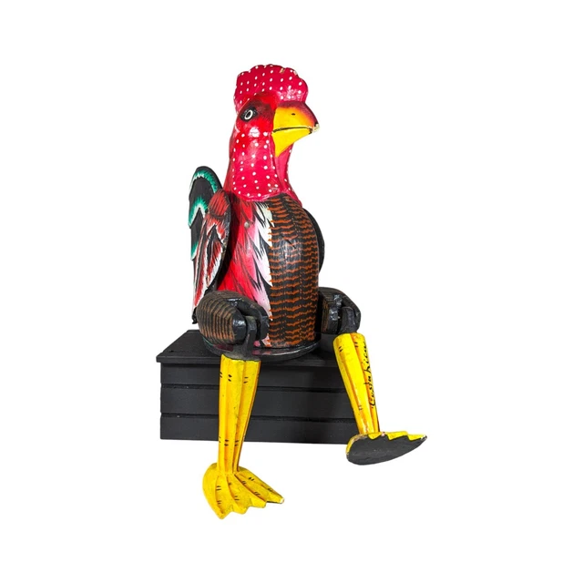 Carved Wooden Rooster Hand Painted Hinged Joint Shelf Sitter Figurine Folk Art