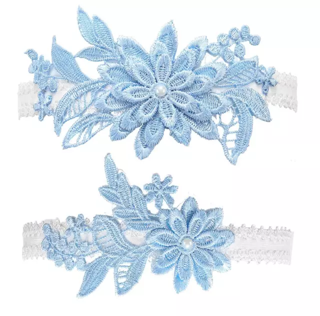 Wedding Garters Set Lace Bridal Garter Stretchy Floral Garter for Bride Blue Whi