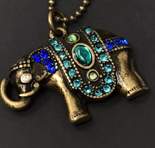 Elephant Pendant Necklace Good Luck Trunk Up Gold Tone Blue Teal Crystal 14-18"