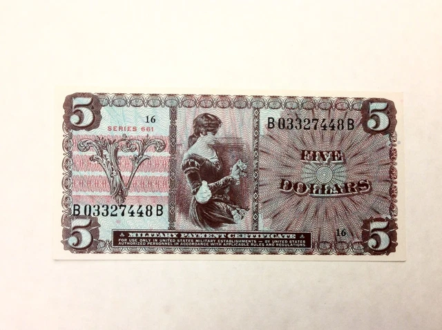 ~ $5 Five Dollars Series 661 Mpc Military Payment Certificate  Uncirculated Unc