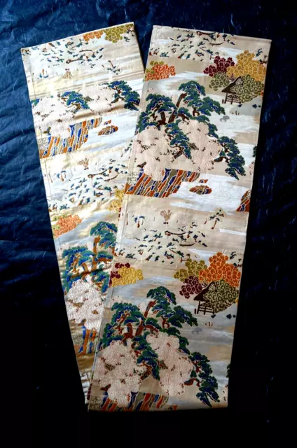 Maru Obi Japanese Kimono Antique Woven Classic Belt Silk Nature Landscape Flower