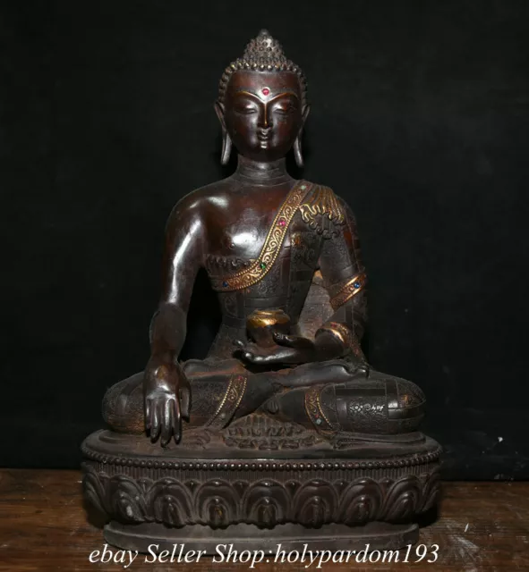 12.4" Old Tibet Tibetan Bronze Inlay Gems Shakyamuni Amitabha Buddha Statue