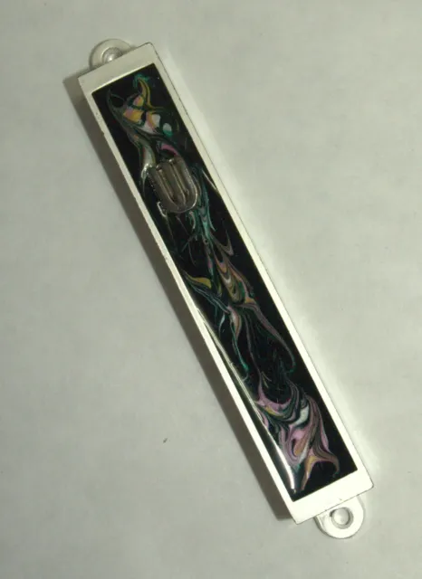 Judaica Mezuzah Case Black Pink Colorful Metal Epoxy Stripe Silver SHIN 7 cm