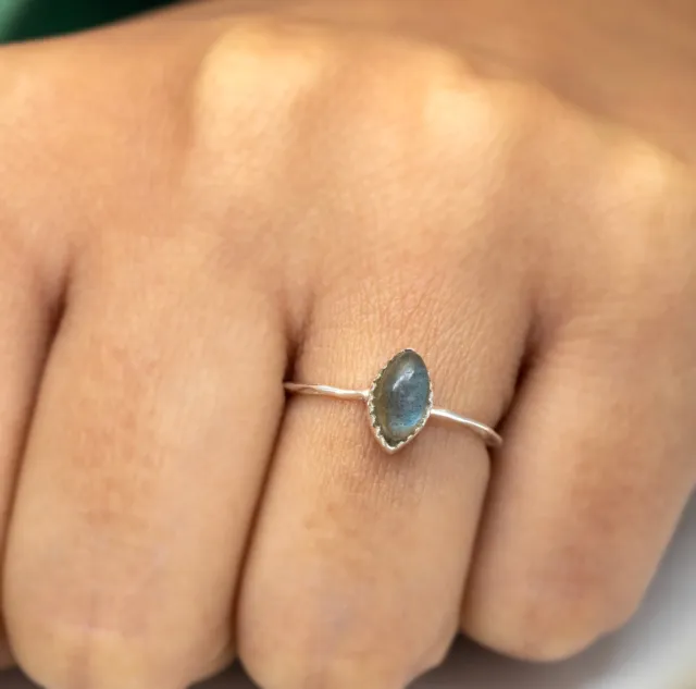 Dainty Sterling Silver Labradorite Ring Ladies Marquise Gemstone Jewellery Gift
