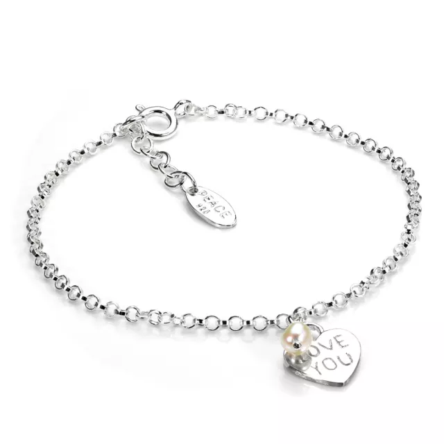 925 Sterling Silver Rolo Chain Bracelet with Love You Heart Charm