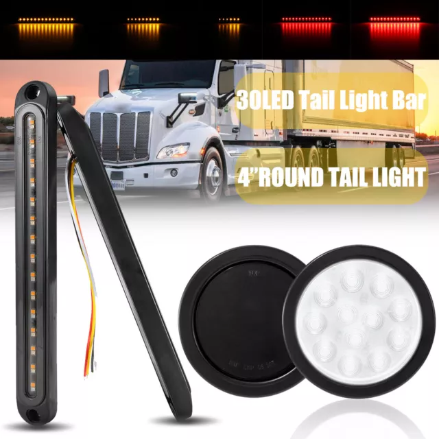 4" Round Smoked Reverse LED Trailer Tail Lights +Strobe Flow Running Light Strip