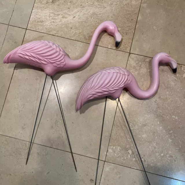 Vintage Pink Flamingo Blow Mold Lawn Ornament Set of 2 w/ Stakes Yard Lawn Decor