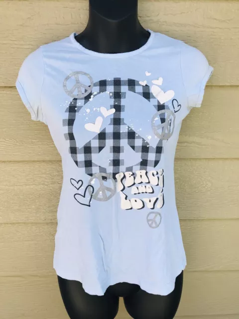 Self Esteem Girls T-Shirt Top Size XL Blue Short Sleeve Peace Love Joy Print