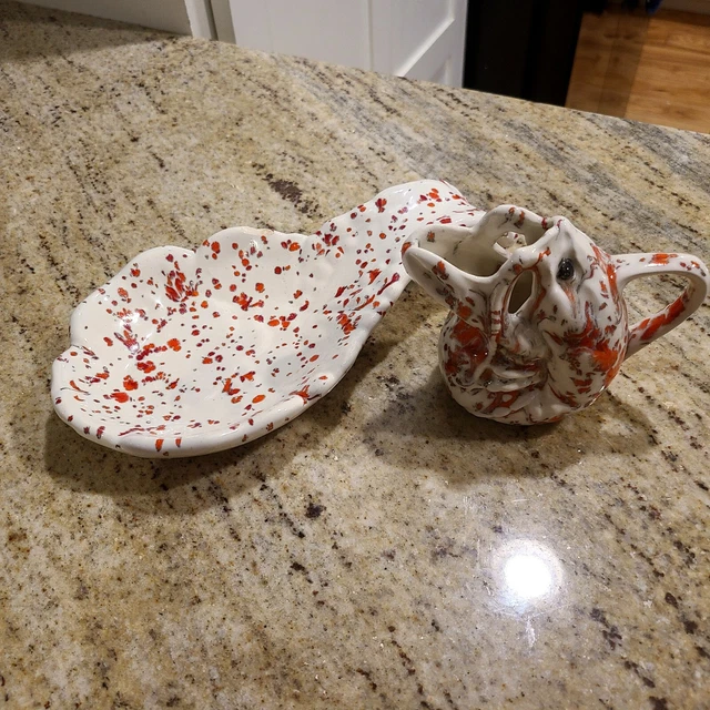 Vtg Red Speckle Glaze Lobster Butter Cream Pourer  & Spoon Rest Signed '76 & '78