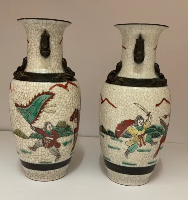 Pair of Early - Mid 20th Century Chinese Porcelain Nanking Warrior Crackle Vases