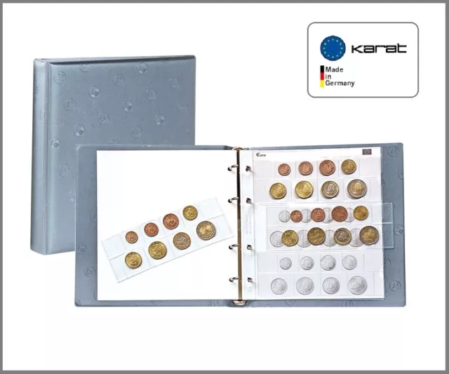 LINDNER 1105-GR KARAT Münzalbum Grau EURO Kursmünzensätze + 4 Hüllen Vordrucke