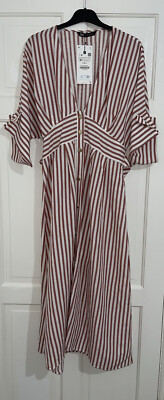 Zara Pink White Striped Midi Shirt Dress With Belt, Metal Buttons Size M Bnwt