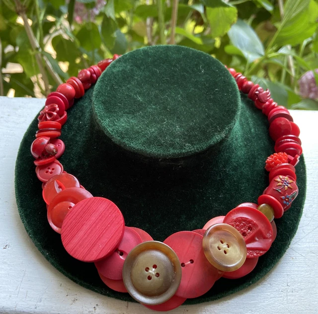 Vintage 80’s Artisan Made Red Antique Button Statement Necklace -