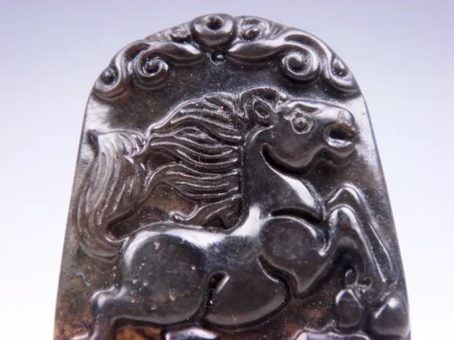 Old Nephrite Jade Hand Carved *Zodiac Horse Jumping & Ru-Yi* Pendant #09282001 2