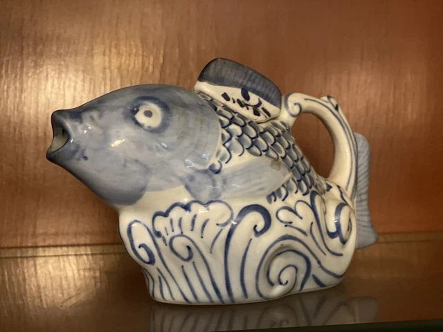 Vintage Chinese Rice Grain Porcelain Koi Fish Shaped Pot￼ With Lid Hand-painted