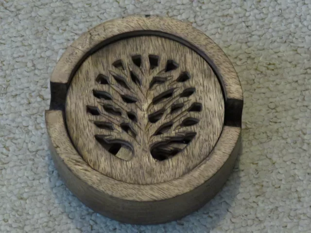 6 Round Fair Trade Hand Carved Mango Wood Tree Of Life Drinks Coasters in Holder