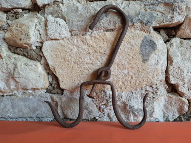 Old antique primitive hand forged wrought hook hanger strong 19th century