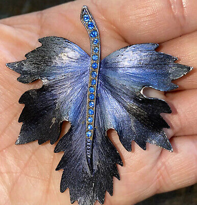 Blue Leaf Brooch Rhinestones Pin Vintage