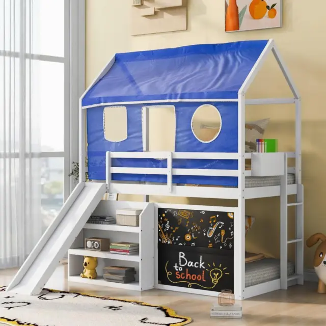 Twin over Twin House Bunk Bed with Blue Tent Slide Shelves and Blackboard