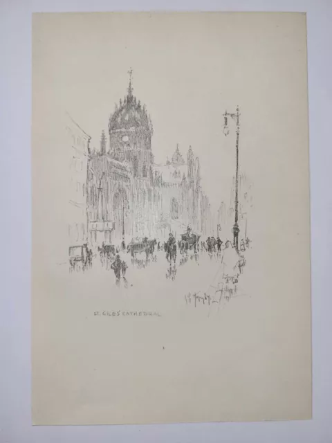 Antique Pencil Drawing Print 1926 Edinburgh Sketch St Giles Cathedral