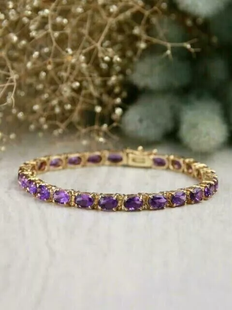 Amethyst Women's Tennis Bracelet 9Ct Oval Cut Lab Created 14K Yellow Gold Plated