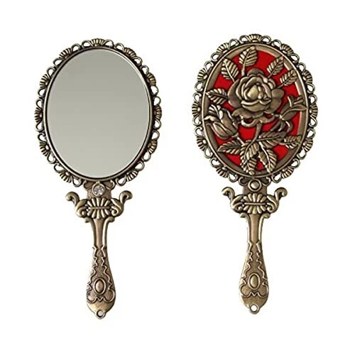 SEHAMANO Vintage Hand Mirror with Embossed Rose on The Back Brass (Matt Gold)