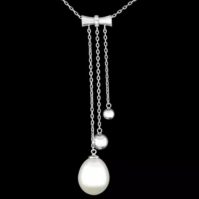 Unheated Natural 12X10Mm Fresh Water Pearl & Cubic Zirconia Silver 925 Necklace