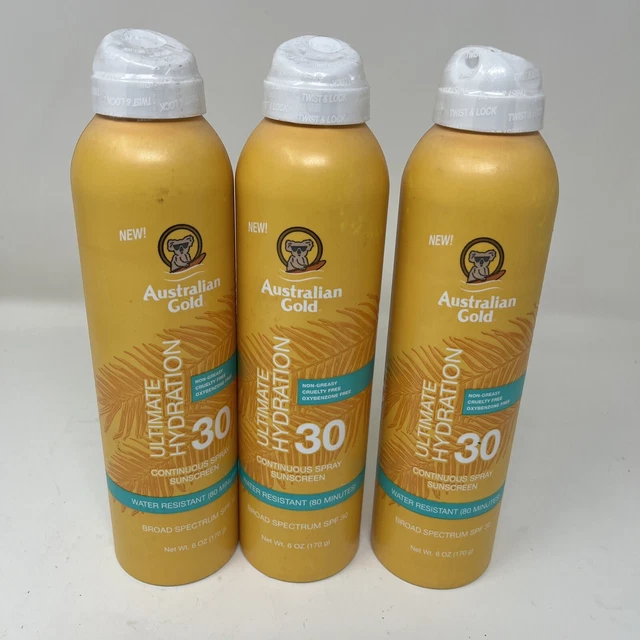 3X Australian Gold Ultimate Hydration FPS 30 Spray Protector Solar 6 oz ea