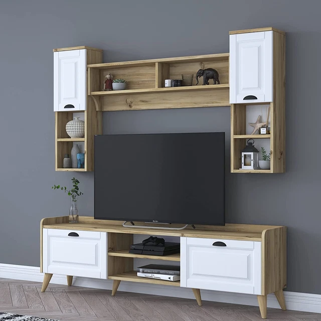 TV UNIT WITH Wall Shelves, Entertainment Center with Storage for 55/60