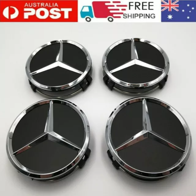 4X Mercedes Benz Black Alloy Wheel Centre Caps 75mm A B C E S M Class ML CLA GLA