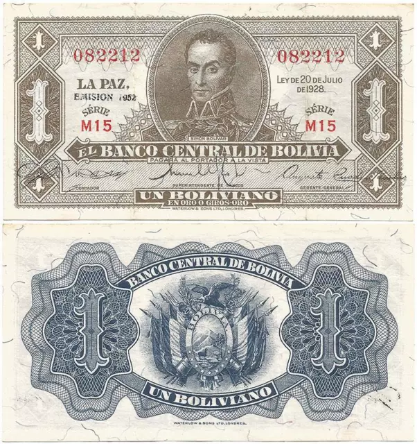 REPUBLIC of BOLIVIA Law of 1928 EMISSION of 1952 Crispy "UN BOLIVIANO" Banknote