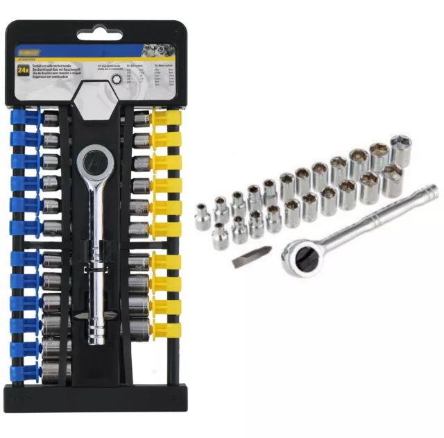 24pc 1/4'' Socket Wrench Kit Set with Ratchet Bit Mertic SAE Handle DIY Steel