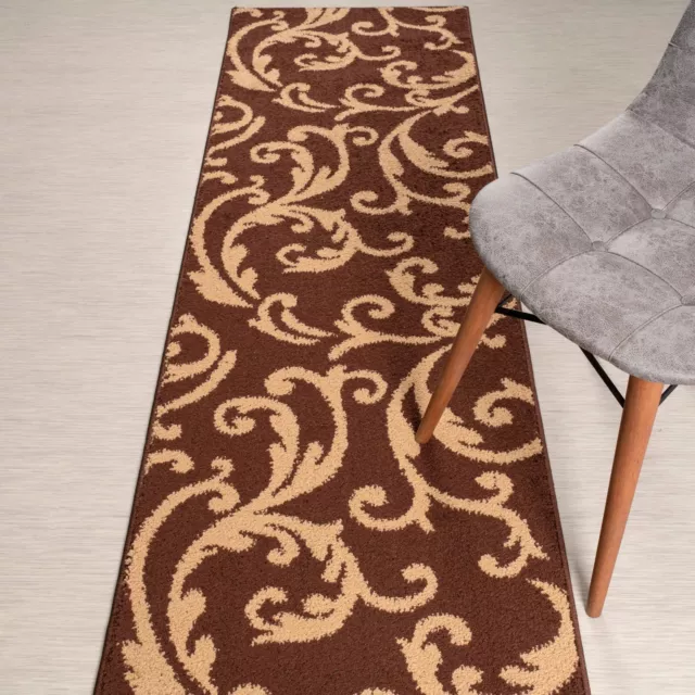 Custom Length Stair Hallway Carpet Runner Rug Non Slip Backing, Floral Brown