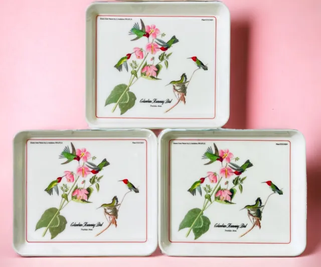 Vintage Set of 3 Small Melamine Vanity Trays Trinket Dishes Hummingbirds Italy