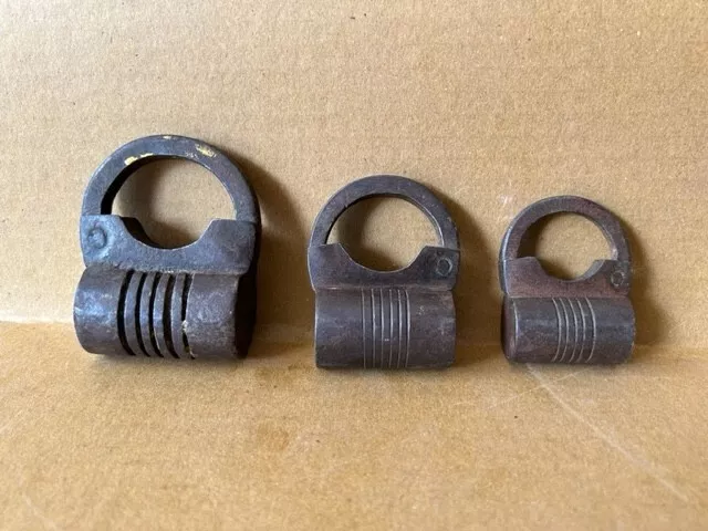 Old Vintage Rustic Iron Hand Forged Heavy Padlock With Screw Key Set Of 3 Piece
