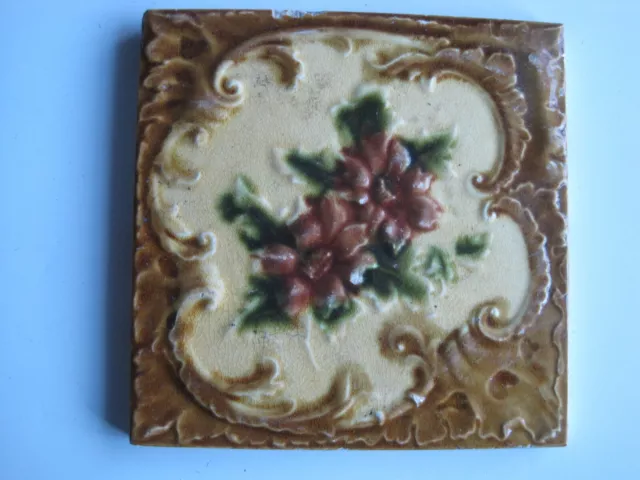 Antique Art Nouveau Moulded & Majolica Glazed Floral Tile - T & R Boote?  C1905