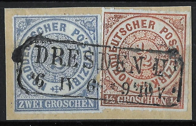 Sachsen 1868 : nachverwend. R2 DRESDEN II auf NDP MiNr. 3 / 5 : SachsenStempel