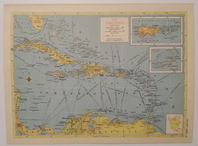 1956 Antique WEST INDIES Atlas Map Vintage Hammonds Family Reference World Atlas