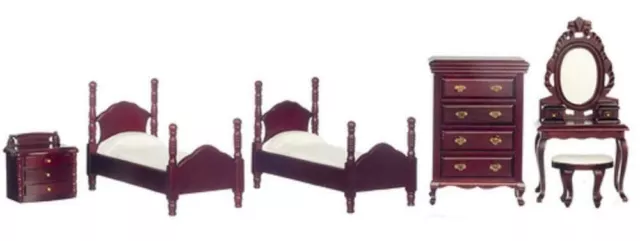 Maison de Poupées Acajou Chambre Mobilier Ensemble Miniature Avec Double Lits