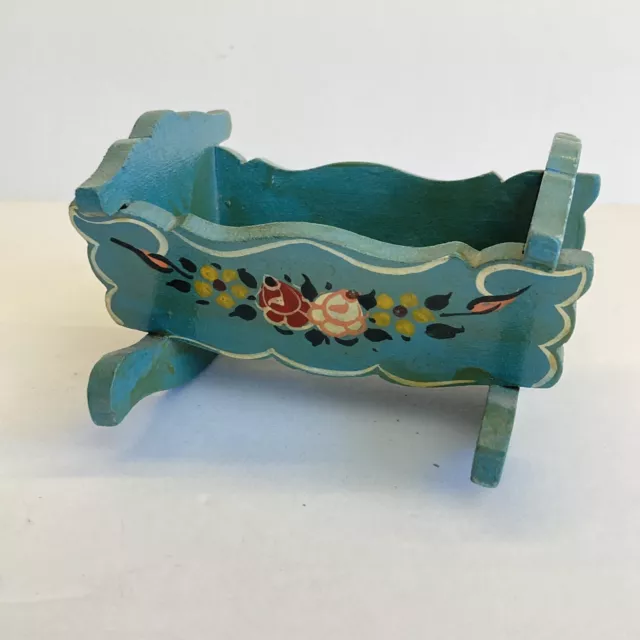 Vintage Miniature Dollhouse Dora Kuhn Cradle Blue Floral Folk Art Germany