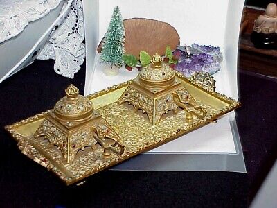 Antique Victorian Jeweled Turquoise Ruby Double Brass Inkwell w/Pen holder Tray