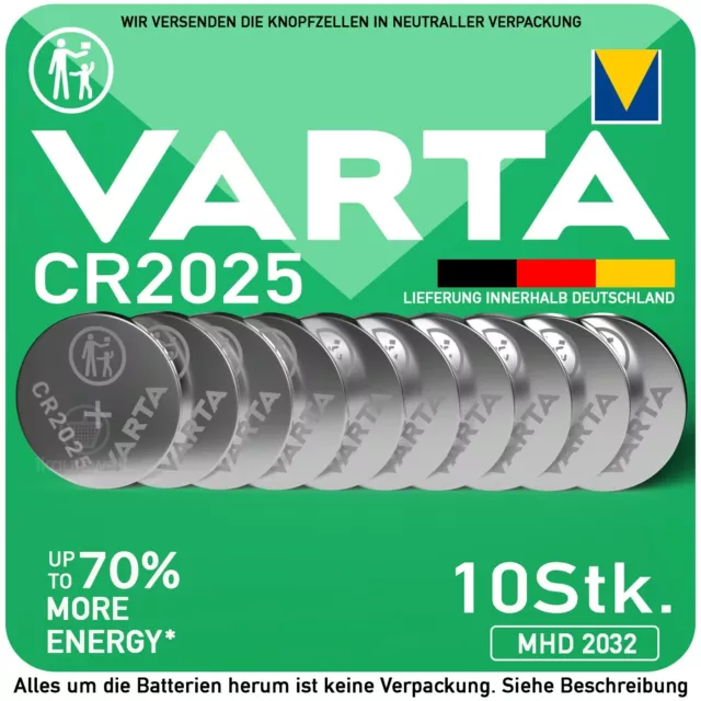 10 x Varta CR2025 CR-2025 Batterien Frische Markenqualität Knopfzellen MHD 2032