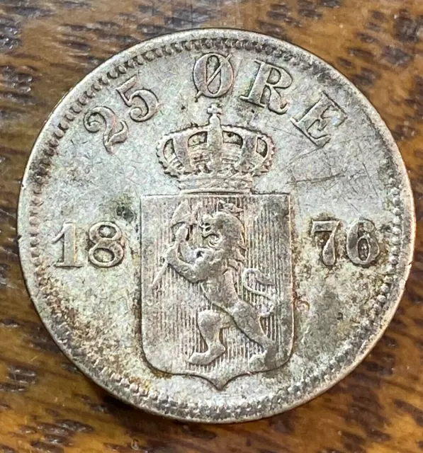 1876 Norway Silver 25 Ore Nice Original XF KM-354 1-Year Type CHN