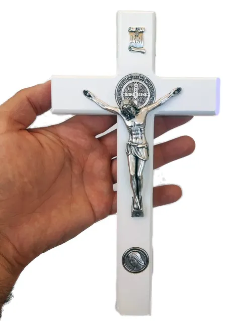 ST Benedict Wall Hanging White Cross Crucifix Handmade wood 10'' From Medjugorje