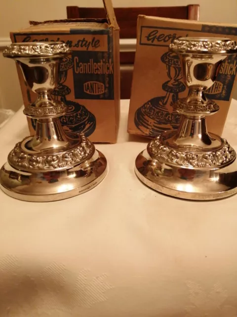 Pair new sliver plated candle holders 4inch high Boxed 1970s Georgian Style exc