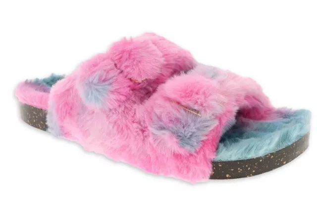 Secret Treasures Women's Pink & Blue Faux Fur Fuzzy 2 Buckle Sandal Slippers