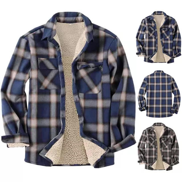 Mens Fleece Jacket Sherpa Lined Zip Up Buffalo Plaid Flannel Coat Casual Long